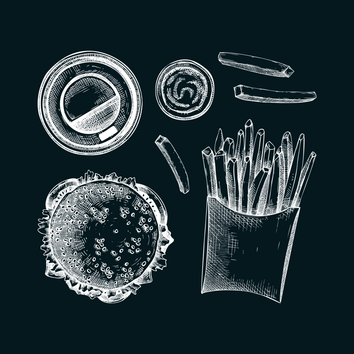 Fast food hand drawn vector illustrations. Burger, coffee cup, French fries sketches on chalkboard. Takeaway food or restaurant delivery service design elements